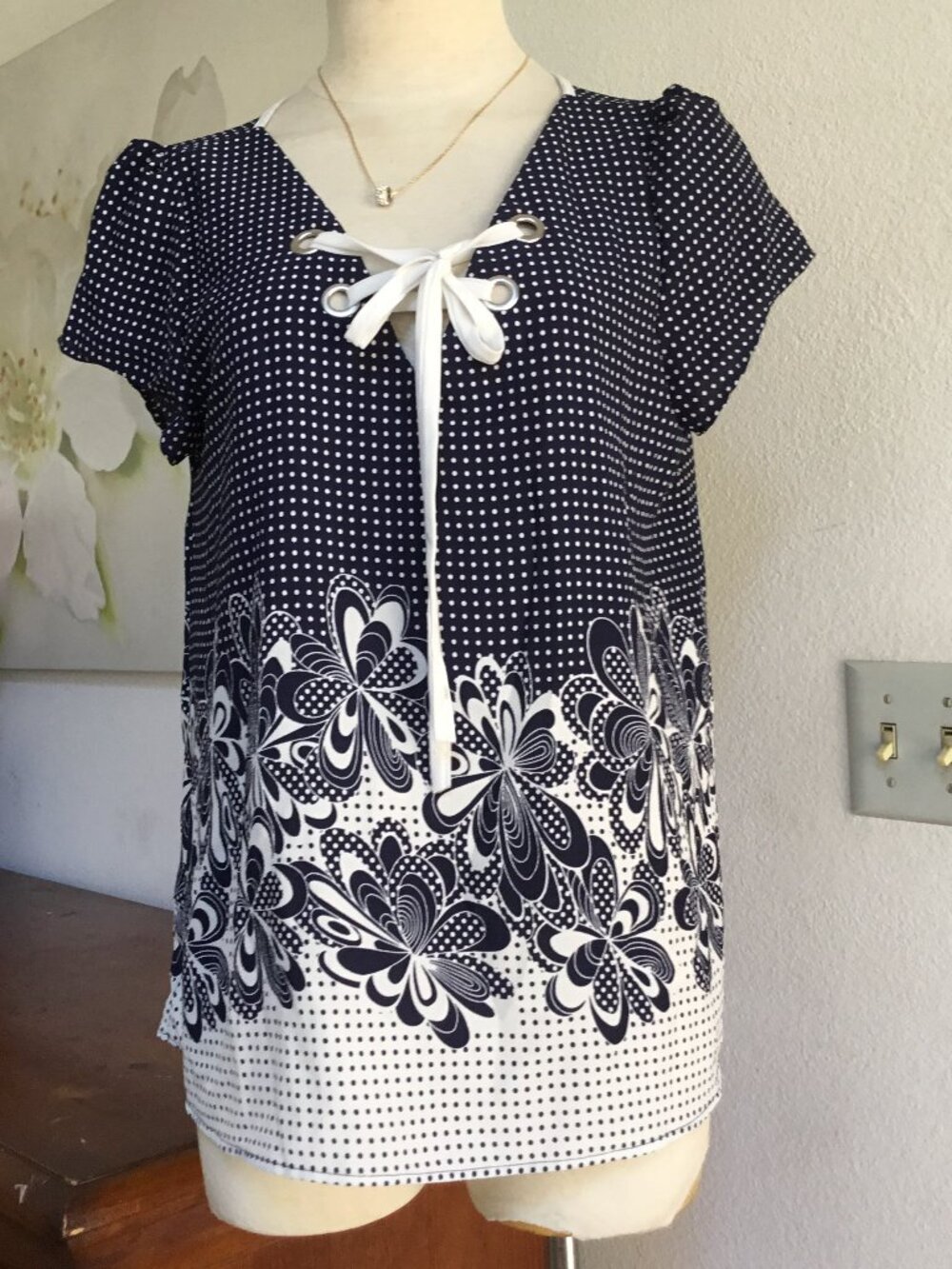 TOGETHER CLOTHING Polka Dot & Flowers Printed Top Blouse Short Sleeve Lace Up M
